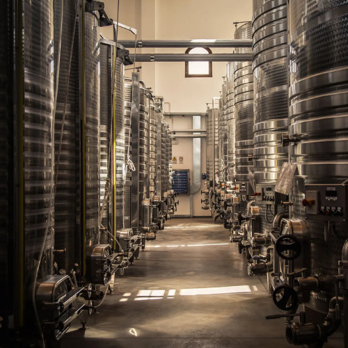 Interno della cantina Tre Santi durante la lavorazione del vino