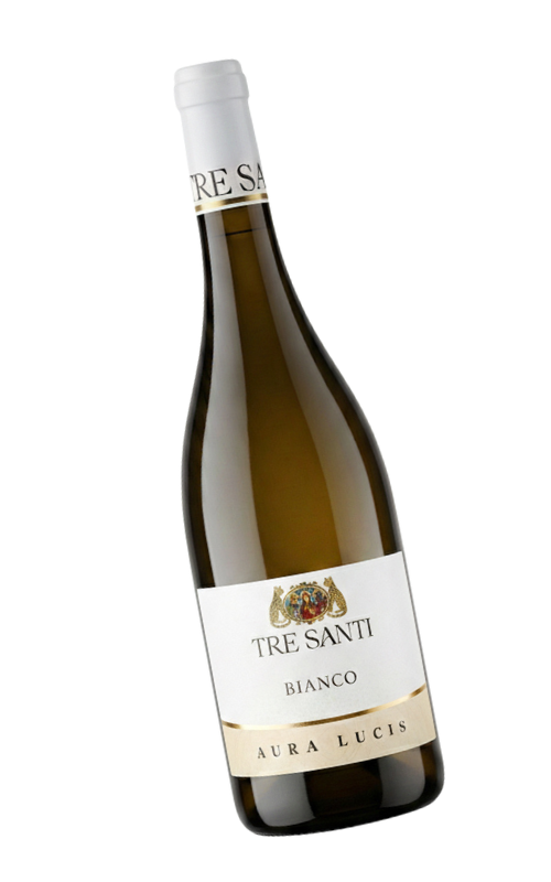 Bottiglia di Aura Lucis, vino bianco frizzante siciliano, Cantina Tre Santi